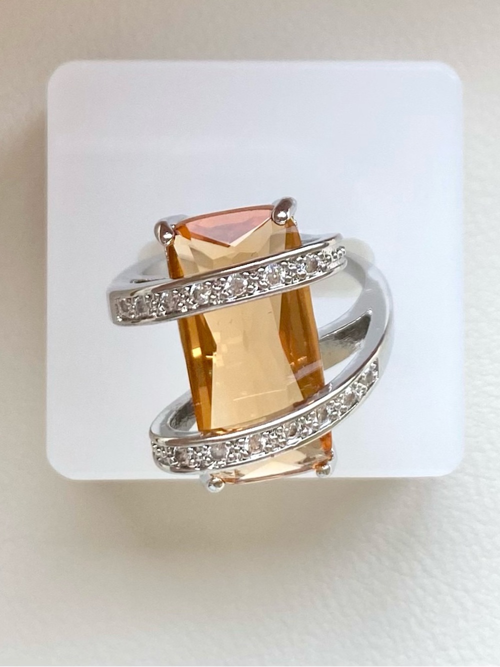 Silver Spiral Citrine-Color Crystal Ring